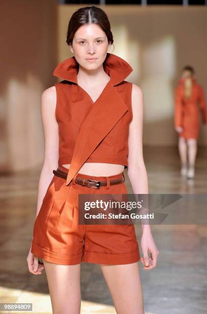 Model showcases designs on the catwalk during the Arnsdorf collection show on the fifth and final day of Rosemount Australian Fashion Week...