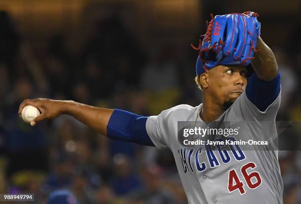 Pedro Strop of the Chicago Cubs pitches in the game against the Los Angeles Dodgers at Dodger Stadium on June 27, 2018 in Los Angeles, California.