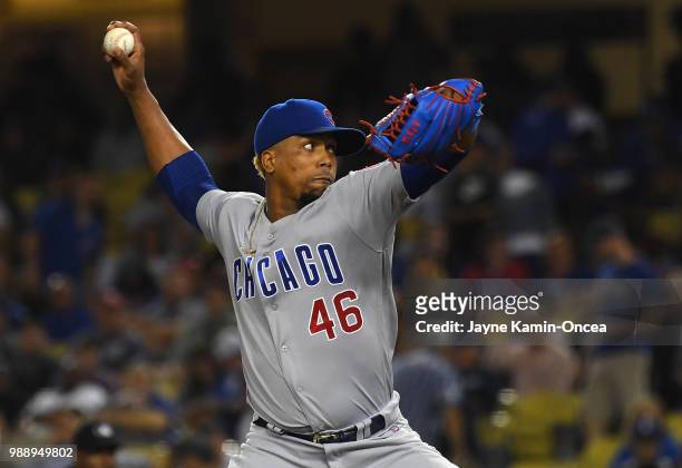 Pedro Strop of the Chicago Cubs pitches in the game against the Los Angeles Dodgers at Dodger Stadium on June 27, 2018 in Los Angeles, California.