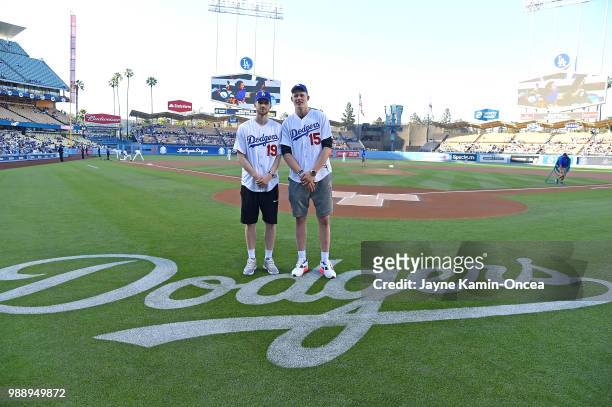 The 2018 Los Angeles Lakers NBA draft picks Sviatoslav Mykhailiuk and Moe Wagner were on hand to throw out the ceremonial first pitch before the game...