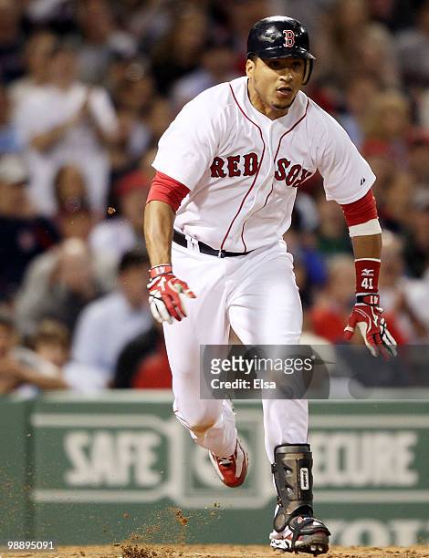 Victor Martinez of the Boston Red Sox heads for first base in the fifth inning against the Los Angeles Angels of Anaheim on May 6, 2010 at Fenway...