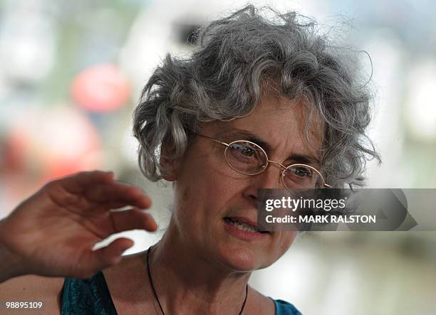 Marine toxicologist Riki Ott talks about the BP Deepwater Horizon platform disaster at the port town of Venice in Louisiana, on May 6, 2010. The race...