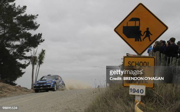 Toshi Aria of Japan and Daniel Barritt of Britain in the Subaru Team Ari drive during day 1 of the rally of New Zealand in Auckland on May 7, 2010....