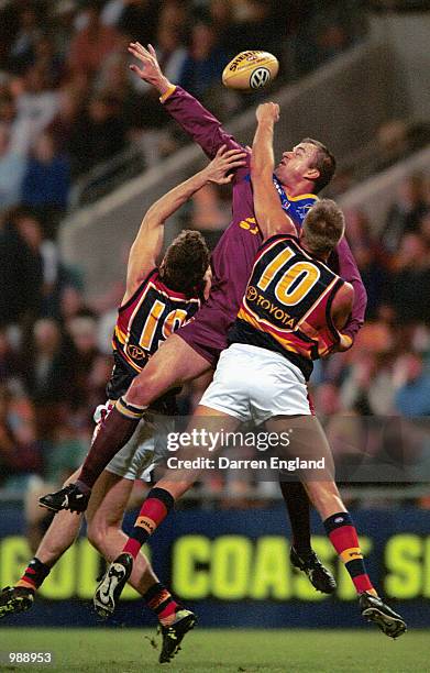 Clark Keating of Brisbane goes for the ball against Mark Stevens and Matthew Robran of Adelaide during the round nine AFL match between the Brisbane...