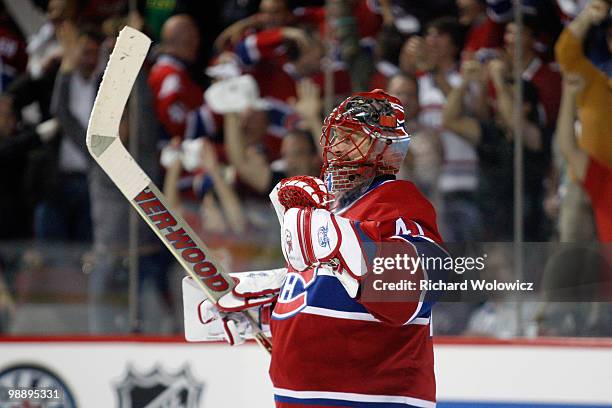 Jaroslav Halak of the Montreal Canadiens celebrates their 3-2 victory over the Pittsburgh Penguins in Game Four of the Eastern Conference Semifinals...