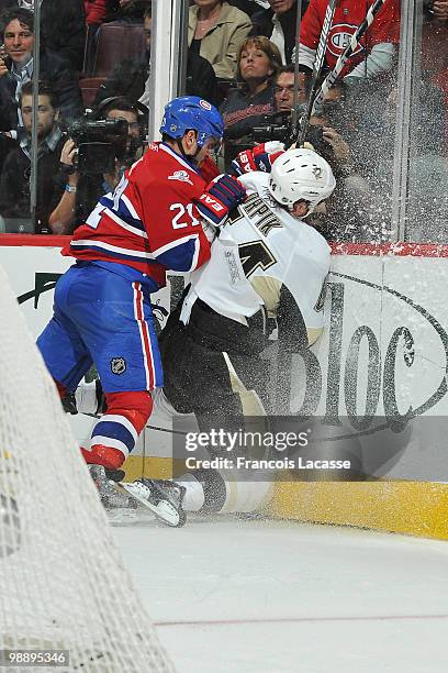 Brian Gionta of the Montreal Canadien collides with Brooks Orpik of the Pittsburgh Penguins in Game Four of the Eastern Conference Semifinals during...