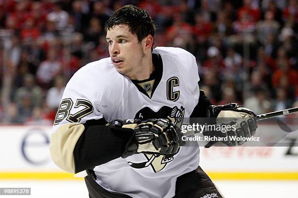 Sidney Crosby of the Pittsburgh Penguins skates without his helmet in Game Four of the Eastern Conference Semifinals against the Montreal Canadiens...