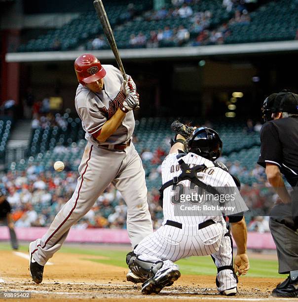 Kelly Johnson of the Arizona is hit by a pitch in the third inning by pitcher Wandy Rodriguez of the Houston Astros at Minute Maid Park on May 6,...
