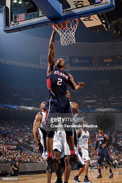Joe Johnson of the Atlanta Hawks dunks against the Orlando Magic in Game Two of the Eastern Conference Semifinals during the 2010 NBA Playoffs on May...