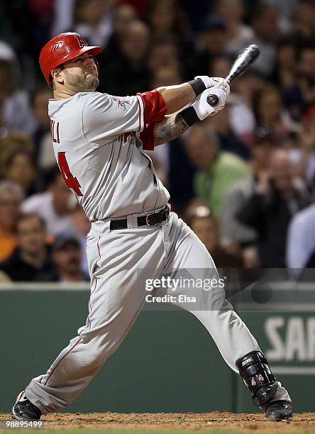 Mike Napoli of the Los Angeles Angels of Anaheim hits a two run homer in the sixth inning against the Boston Red Sox on May 6, 2010 at Fenway Park in...