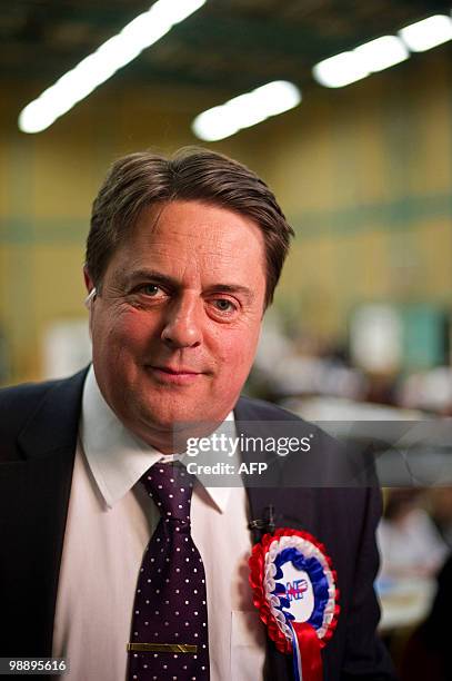 British National Party leader , and candidate for Barking, Nick Griffin poses for a photograph at the count centre in Dagenham, east London on May 7,...