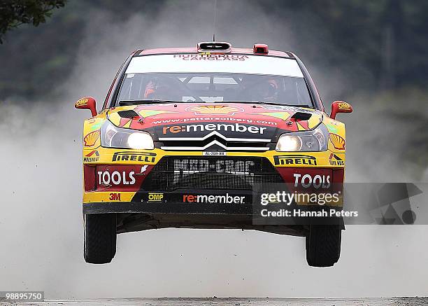 Peter Solberg of Norway and co-driver Phil Mills drive their Citroen C4 WRC during stage 2 of the WRC Rally of New Zealand at Waipu on May 7, 2010 in...