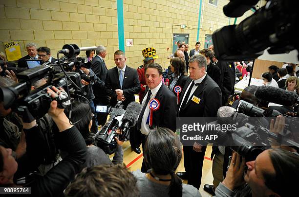 British National Party leader , and candidate for Barking, Nick Griffin speaks to the media at the count centre in Dagenham, east London on May 7,...