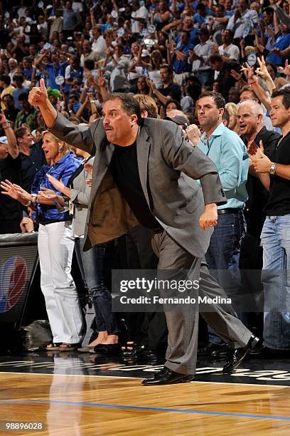 Head Coach Stan Van Gundy of the Orlando Magic reacts to a play against the Atlanta Hawks in Game Two of the Eastern Conference Semifinals during the...