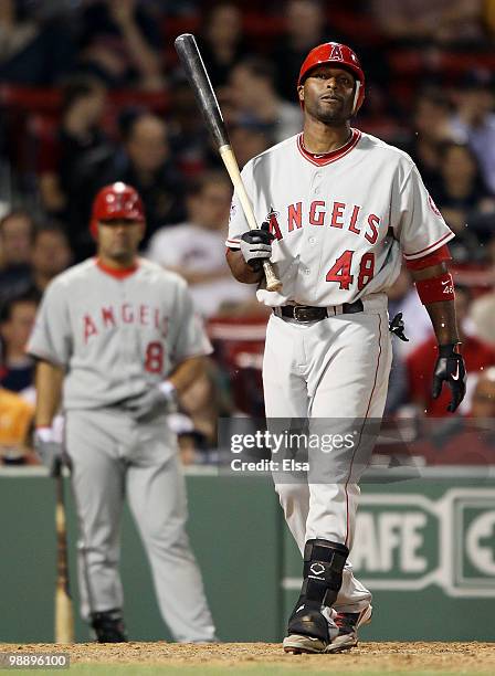 Torii Hunter of the Los Angeles Angels of Anaheim struggles in his at bat in the ninth inning against the Boston Red Sox on May 6, 2010 at Fenway...