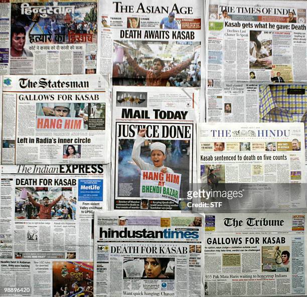 Combination of front pages of Indian national newspapers shows reports of the sentencing of convicted Pakistani gunman Mohammed Ajmal Amir Kasab in...