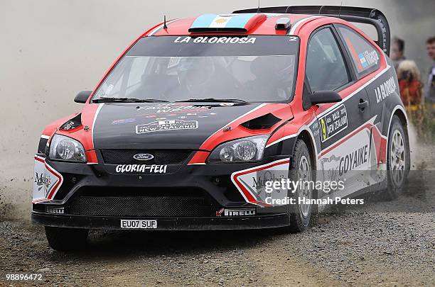 Federico Vilagra of Argentina and co-driver Jorge Perez Companc drive their Ford Focus RS WRC 09 during stage 2 of the WRC Rally of New Zealand at...