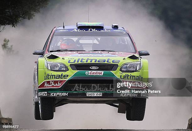Mikko Hirvonen of Finland and co-driver Jarmo Lehtinen drive their Ford Focus RS WRC 09 during stage 2 of the WRC Rally of New Zealand at Waipu on...