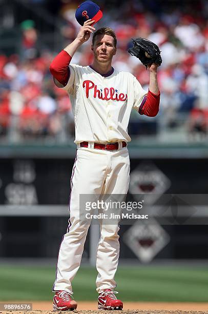 Roy Halladay of the Philadelphia Phillies stands on the mound against the St. Louis Cardinals at Citizens Bank Park on May 6, 2010 in Philadelphia,...