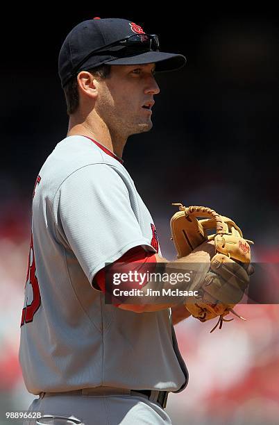 David Freese of the St. Louis Cardinals looks on against the Philadelphia Phillies at Citizens Bank Park on May 6, 2010 in Philadelphia, Pennsylvania.