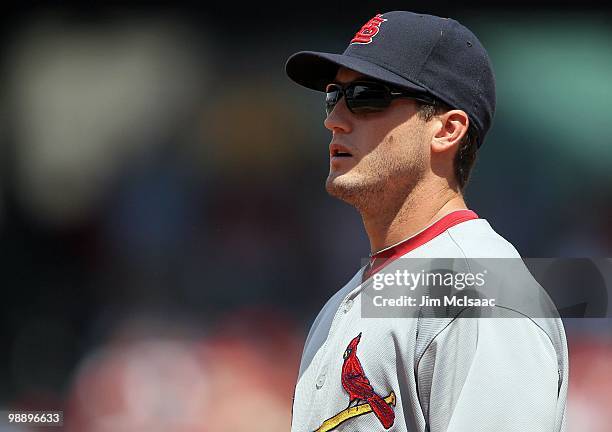 David Freese of the St. Louis Cardinals looks on against the Philadelphia Phillies at Citizens Bank Park on May 6, 2010 in Philadelphia, Pennsylvania.