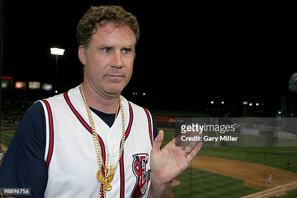 Actor Will "Rojo Johnson" Ferrell sings "Take Me Out To The Ballgame" for the Round Rock Express during the 7th inning stretch at The Dell Diamond on...