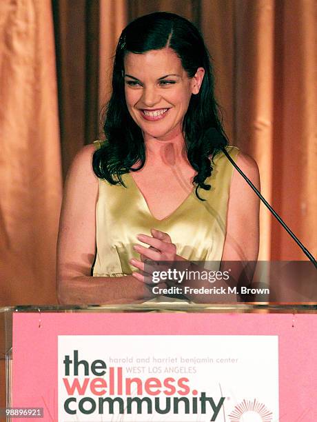 Actress Pauley Perrette speaks during the 12th annual tribute to the Human Spirit Awards at the Beverly Hills Hotel on May 6, 2010 in Beverly Hills,...