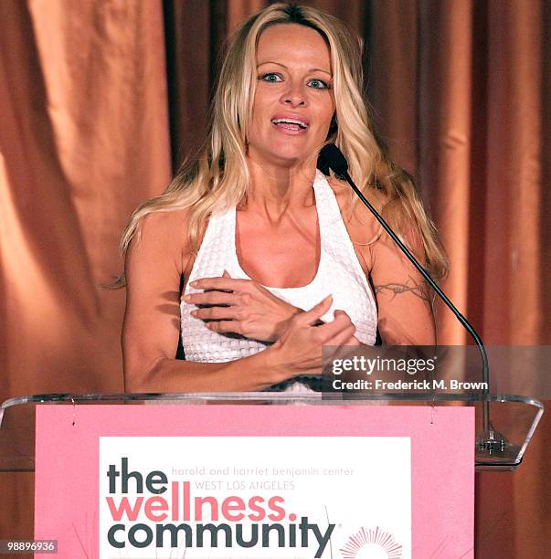 Actress Pamela Anderson speaks during the 12th annual tribute to the Human Spirit Awards at the Beverly Hills Hotel on May 6, 2010 in Beverly Hills,...