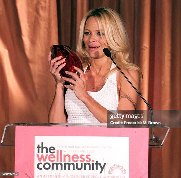 Actress Pamela Anderson speaks during the 12th annual tribute to the Human Spirit Awards at the Beverly Hills Hotel on May 6, 2010 in Beverly Hills,...