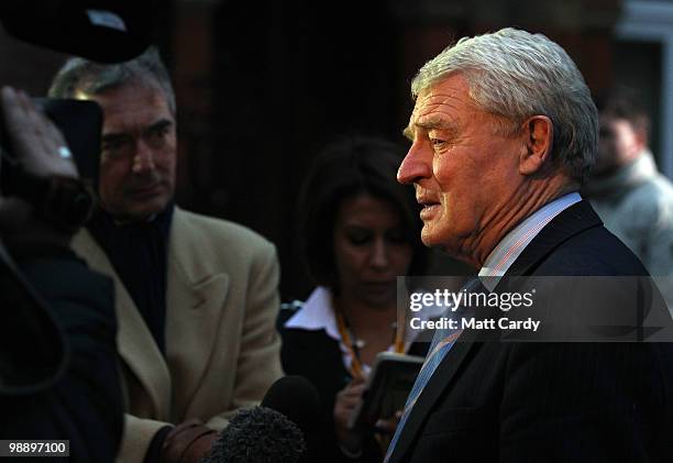 Ex-Liberal Democrat leader Paddy Ashdown speaks with waiting media outside the Liberal Democrat party headquarters as the results of the UK General...