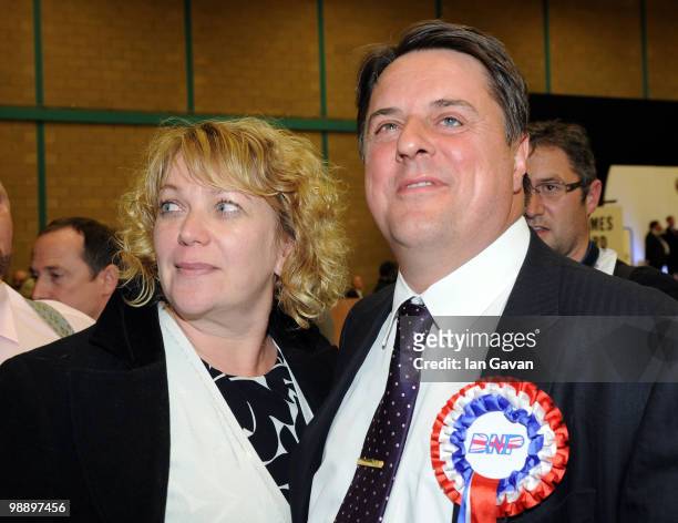 Nick Griffin, Leader of the British National Party, and his wife Jackie give an interview to television after his defeat by Labour MP Margaret Hodge...