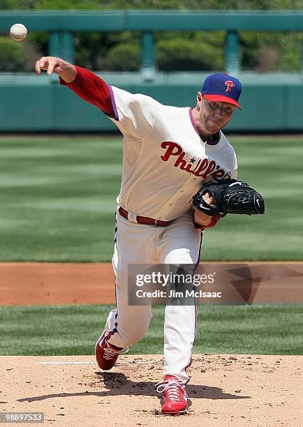 Roy Halladay of the Philadelphia Phillies delivers a pitch against the St. Louis Cardinals at Citizens Bank Park on May 6, 2010 in Philadelphia,...