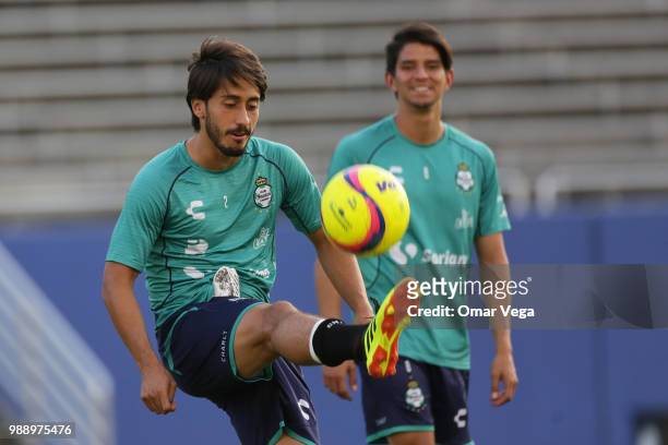 Jose Javier Abella of Club Santos kicks the ball during a training session at Cotton Bowl on June 29, 2018 in Dallas, Texas.