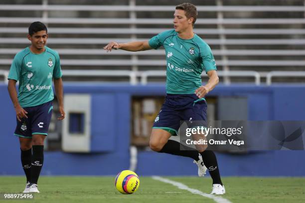 Julio Furch of Club Santos warms up during a training session at Cotton Bowl on June 29, 2018 in Dallas, Texas.