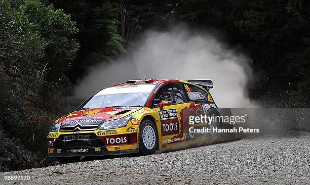 Peter Solberg of Norway and co-driver Phil Mills drive their Citroen C4 WRC during stage6 of the WRC Rally of New Zealand on May 7, 2010 in...