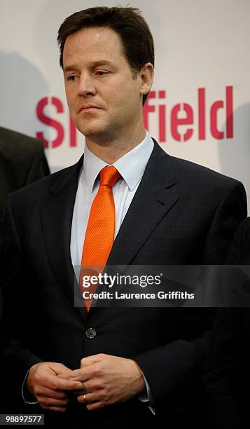 Liberal Democrat Leader Nick Clegg prepares to make his acceptance speech after holding his constituency seat at Ponds Forge International Hall on...