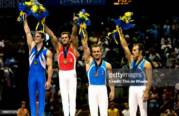 World Championships 2003 /Podium, Still Rings, Anneaux, Tampakos Dimosthenis , Jovtchev Jordan , Gold Medal Medaille D'Or, Morandi Matteo , Coppolino...