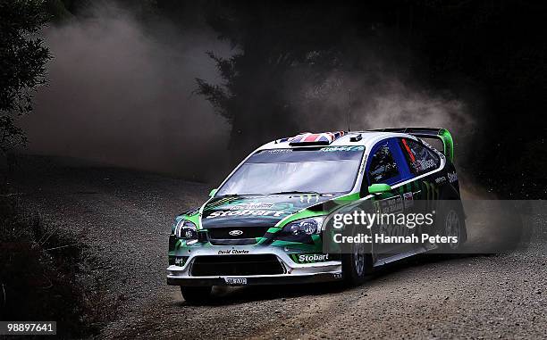 Matthew Wilson of Great Britain and co-driver Scott Martin drive their Ford Focus RS WRC 09 during stage 6 of the WRC Rally of New Zealand on May 7,...