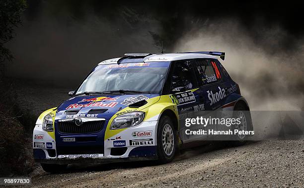 Patrik Sandell of Sweeden and co-driver Emil Axelsson drive their Skoda Fabia S2000 during stage 6 of the WRC Rally of New Zealand on May 7, 2010 in...