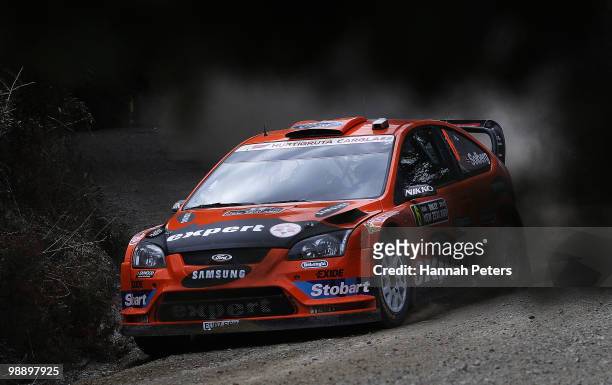 Henning Solberg of Norway and co-driver Ilka Minor drive their Ford Focus RS WRC 08 during stage 6 of the WRC Rally of New Zealand on May 7, 2010 in...