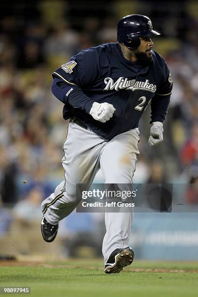 Prince Fielder of the Milwaukee Brewers runs to first base against the Los Angeles Dodgers at Dodger Stadium on May 6, 2010 in Los Angeles,...
