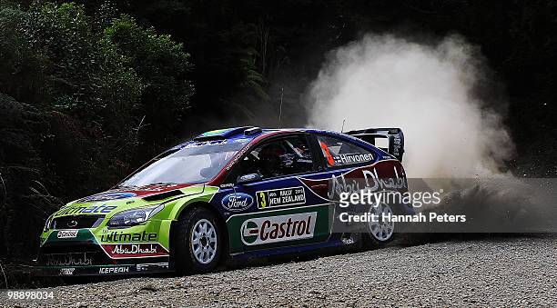 Mikko Hirvonen of Finland and co-driver Jarmo Lehtinen drive their Ford Focus RS WRC 09 during stage 6 of the WRC Rally of New Zealand on May 7, 2010...