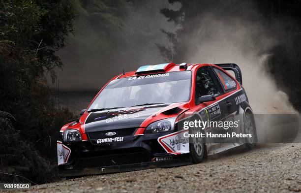 Federico Vilagra of Argentina and co-driver Jorge Perez Companc drive their Ford Focus RS WRC 09 during stage 6 of the WRC Rally of New Zealand on...