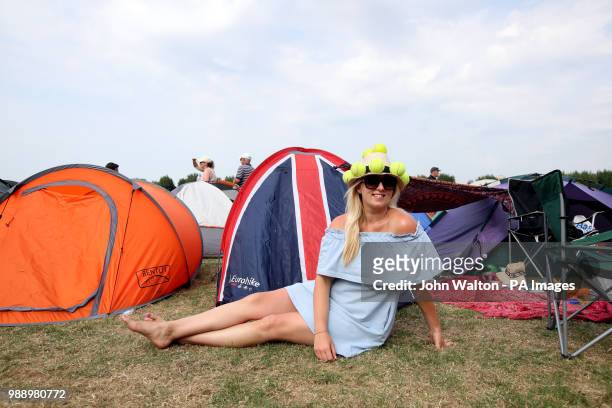 Larissa Lamb from Teddington in the queue ahead of the 2018 Wimbledon Championships at The All England Lawn Tennis and Croquet Club, Wimbledon.at the...