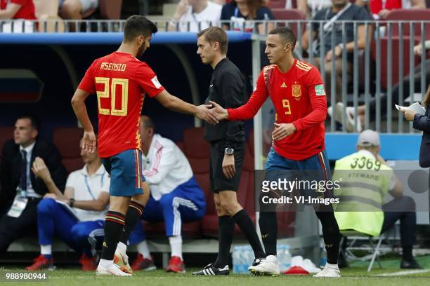 Marco Asensio of Spain, Rodrigo Moreno of Spain during the 2018 FIFA World Cup Russia round of 16 match between Spain and Russia at the Luzhniki...