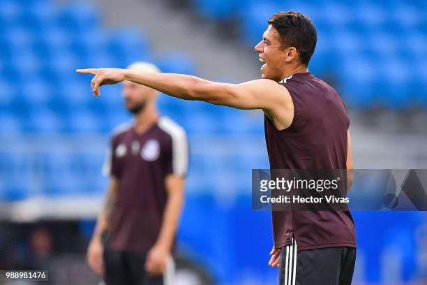 Hector Moreno of Mexico, gestures during a training at Samara Arena ahead of the Round of Sixteen match against Brazil on July 1, 2018 in Samara,...