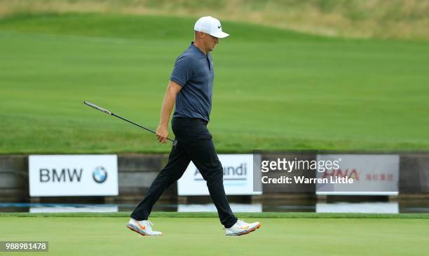 Alex Noren of Sweden lines up a putt on the 18th hole during day four of the HNA Open de France at Le Golf National on July 1, 2018 in Paris, France.