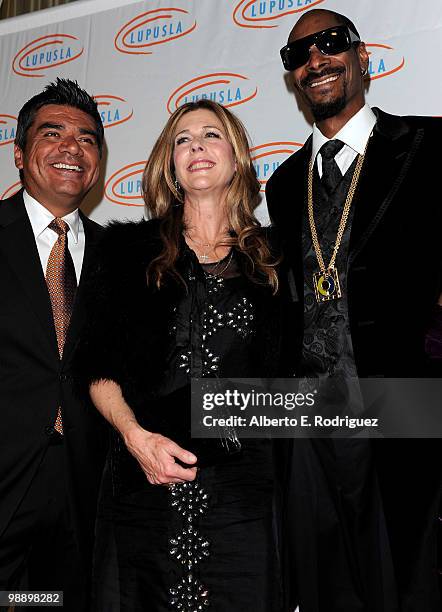 Comedian George Lopez, actress Rita Wilson and rapper Snoop Dogg arrives at the 10th Annual Lupus LA Orange Ball on May 6, 2010 in Beverly Hills,...