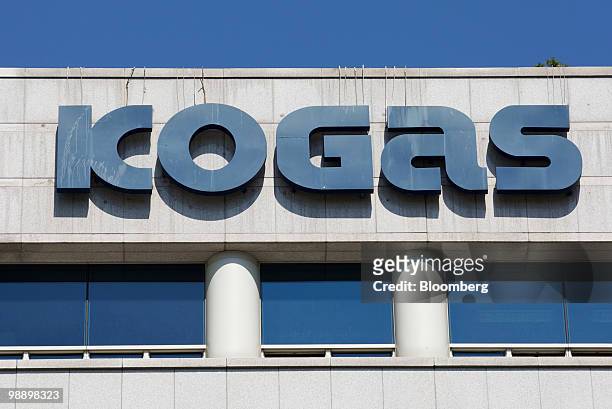 The Korea Gas Corp.logo is displayed at the company's headquarters stand in Seongnam, South Korea, on Friday, May 7, 2010. Korea Gas Corp., the...
