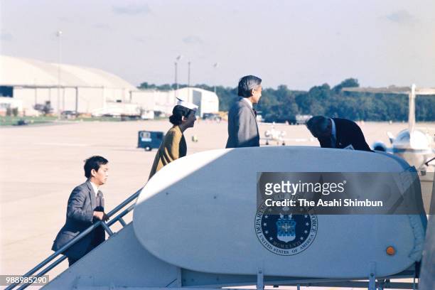 Crown Prince Akihito and Crown Princess Michiko are seen on departure for New York at the Joint base Andrews on October 8, 1987 in Joint Base...